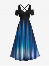 Plus Size Ombre Glitter Light Beam 3D Print Cold Shoulder Crisscross Hawaii Maxi Dress -  