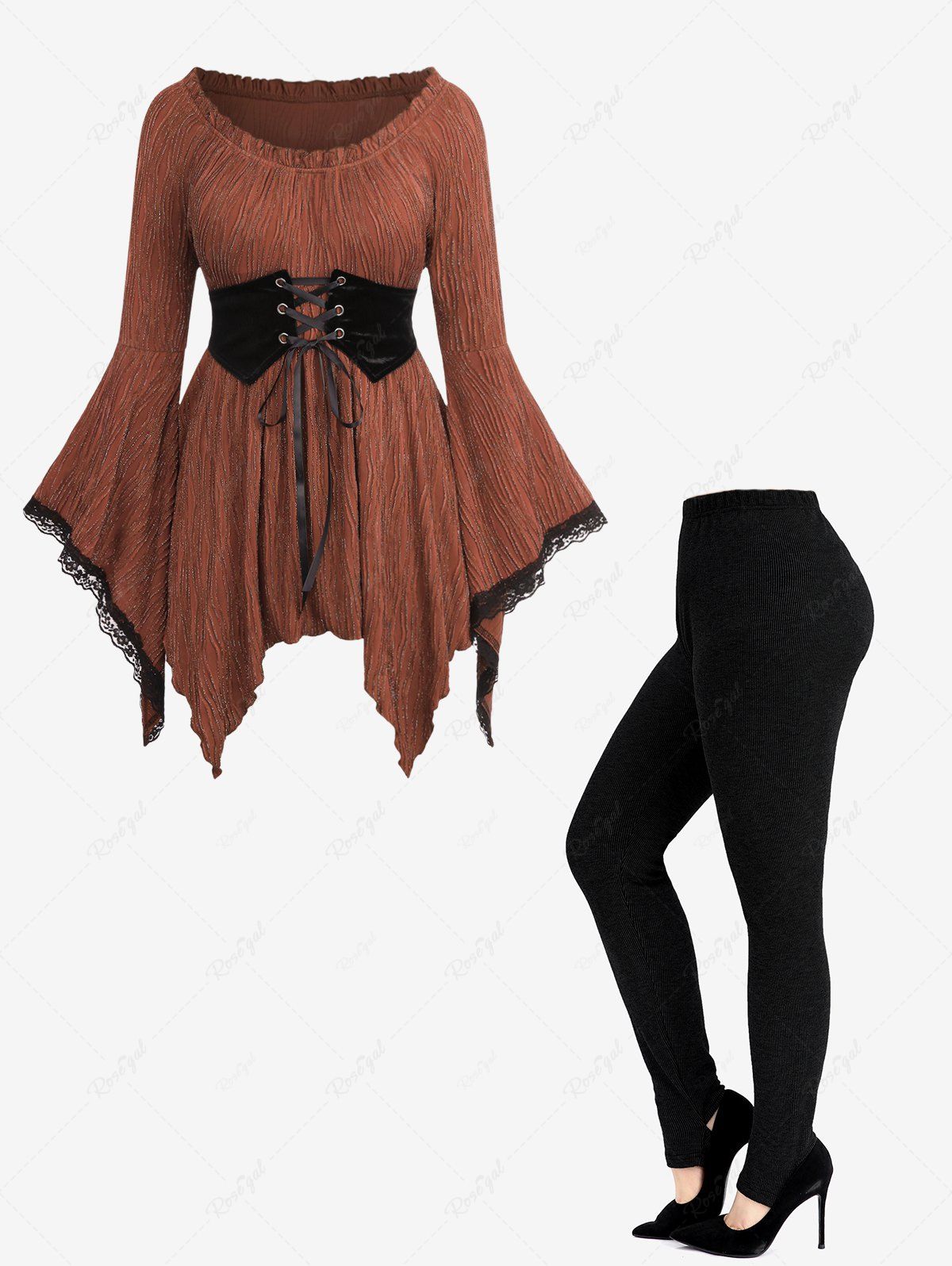 Glitter Textured Lace Up Asymmetric Corset Top and Solid Ribbed Stirrup Leggings Plus Size Outfit
