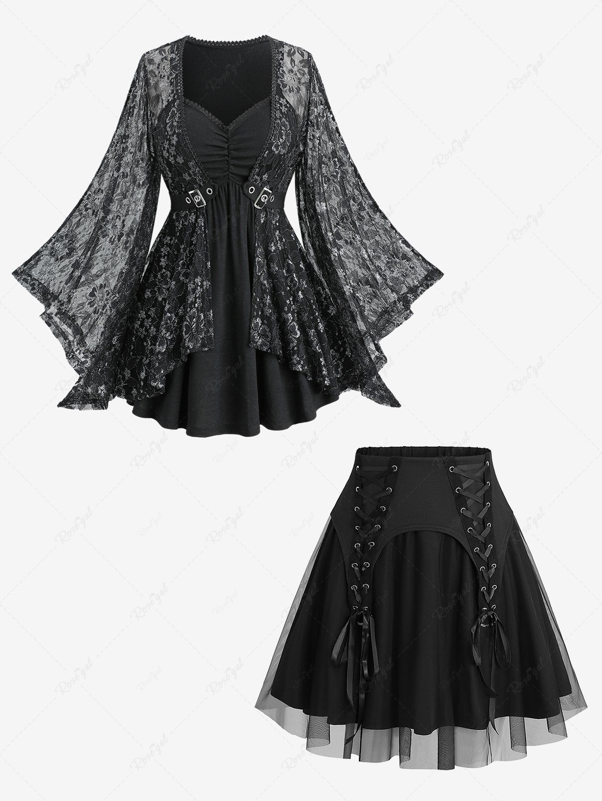 Trendy Glitter Rose Flower Ruched 2 in 1 Top and Lace Up Mesh Layered A Line Skirt Plus Size Outfit  