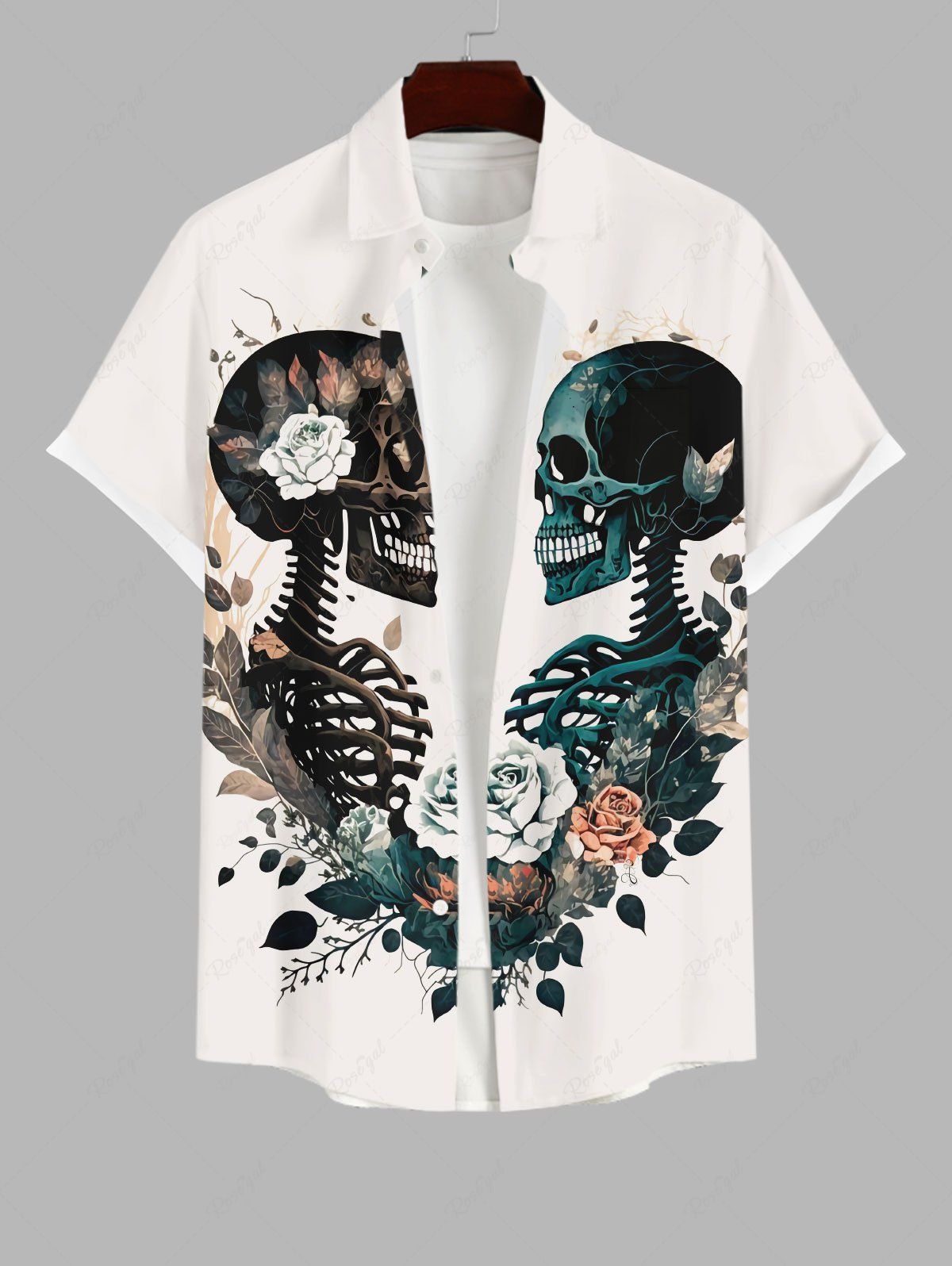 Online Plus Size Skulls Skeleton Lovers Distressed Flower Leaf Print Halloween Button Pocket Shirt For Men  
