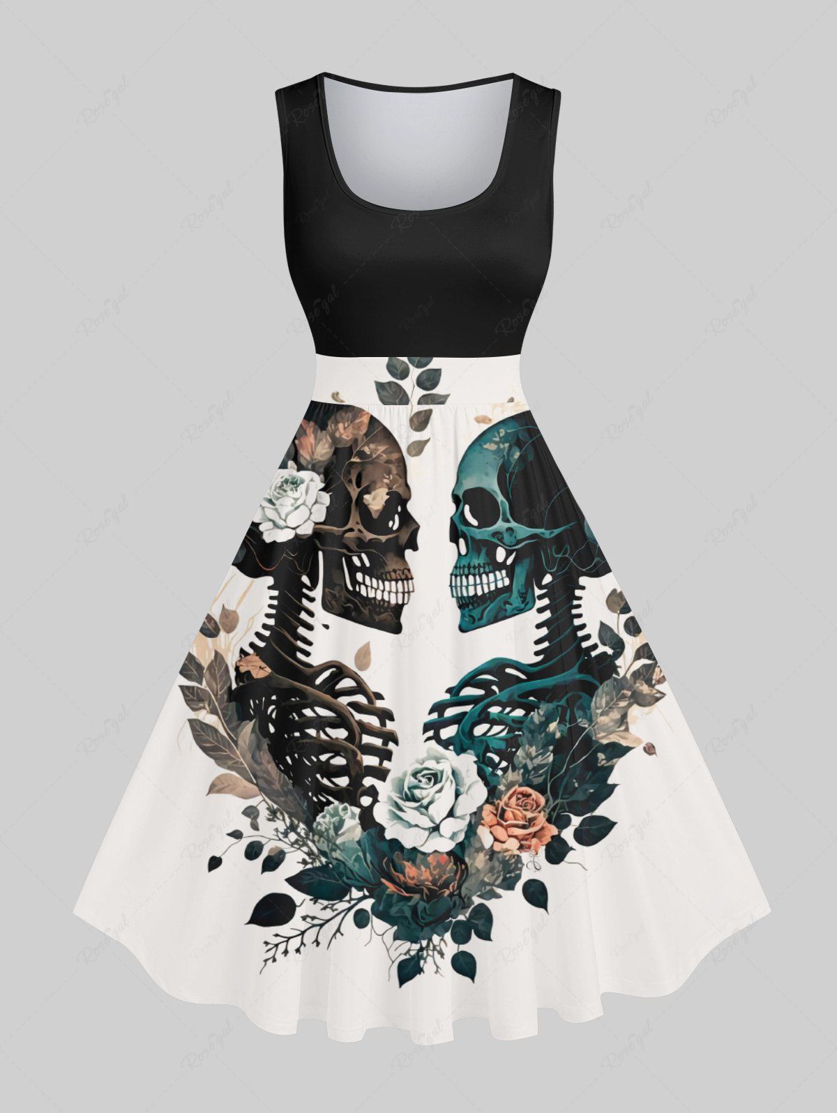 Robe D'Halloween Vintage Trapèze Feuille Fleur Imprimées Grande Taille Noir M