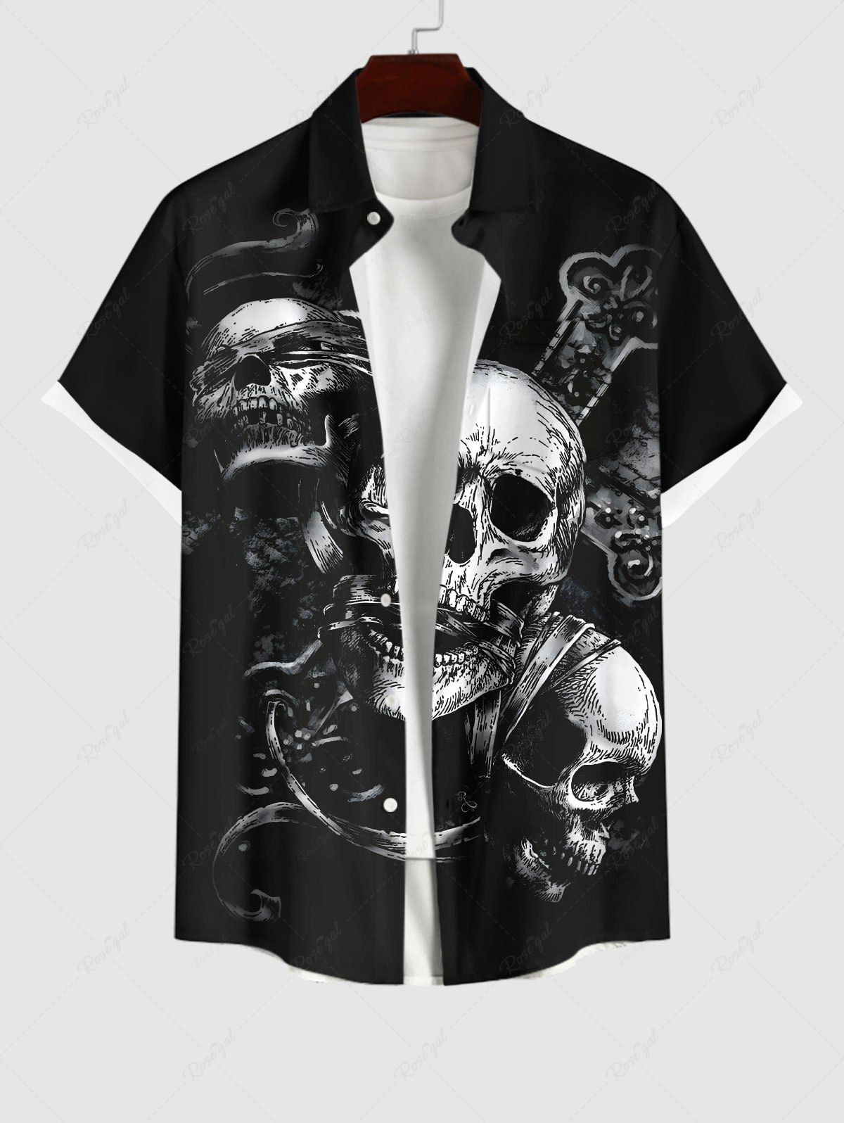 Chemise Costume D'Halloween Crâne Imprimée Croisé de Grande Taille avec Poche Noir 4XL
