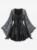 Glitter Rose Flower Ruched 2 in 1 Top and Lace Up Mesh Layered A Line Skirt Plus Size Outfit -  