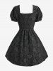 Gothic Chrysanthemum Floral Jacquard Ruched Bust Half Button Front Opening A Line Dress -  