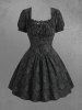 Gothic Chrysanthemum Floral Jacquard Ruched Bust Half Button Front Opening A Line Dress -  