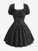 Gothic Chrysanthemum Floral Jacquard Ruched Bust Half Button Front Opening A Line Dress -  