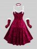 Plus Size Floral Velvet Embossed Contrast Fur Trim Lace Up Christmas Layered A Line Dress with Arm Sleeves and Collar -  