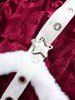 Plus Size Floral Velvet Embossed Contrast Fur Trim Lace Up Christmas Layered A Line Dress with Arm Sleeves and Collar -  