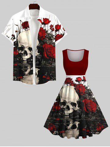 Halloween Costume Rose Flower Skull Print Plus Size Matching Outfit For Couples - RED