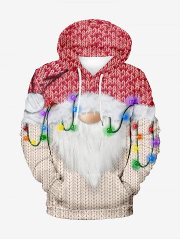 Plus Size 3D Cable Knit Textured Santa Claus Coloured Lantern Print Christmas Pocket Drawstring Pullover Hoodie For Men