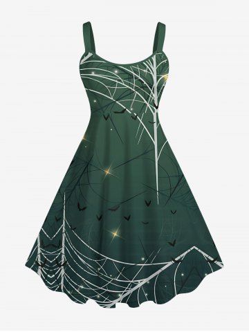 Plus Size Halloween Costume Spider Web Star Bat Print Tank Dress - GREEN - 1X
