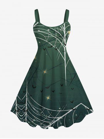 Plus Size Halloween Costume Spider Web Star Bat Print Tank Dress - GREEN - 6X