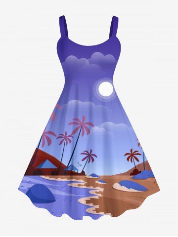 Plus Size Coconut Tree Sun Sea Beach Ombre Print Hawaii Tank Dress - BLUE - 1X