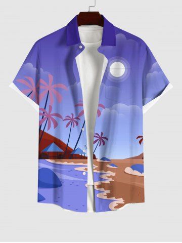 Plus Size Coconut Tree Sun Sea Beach Ombre Print Buttons Pocket Hawaii Shirt For Men - BLUE - XS