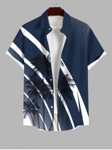 Plus Size Coconut Tree Ombre Colorblock Stripes Print Buttons Pocket Hawaii Shirt For Men - BLACK - XL