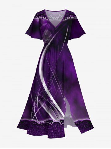 Plus Size Ombre Glitter Light Beam 3D Print Split Hawaii Midi Dress - PURPLE - XS