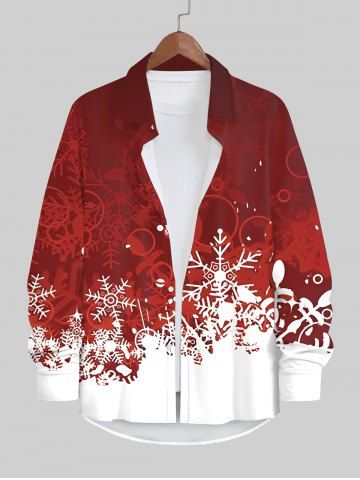 Chemise de Noël Boutonnée Contrastée Flocon de Neige et Bulle Imprimés à Manches Longues de Grande Taille - RED - 7XL