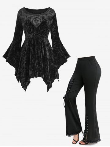 Flower Mesh Flocking Embossed Velvet Asymmetric Top and Lace-up Split Pocket Pants Plus Size  Outfit - BLACK