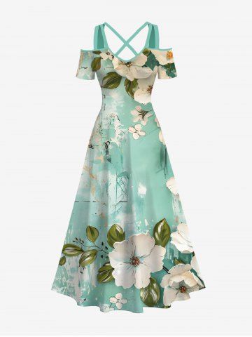 Plus Size Floral Leaf Sea Print Hawaii Crisscross A Line Maxi Dress - LIGHT GREEN - S