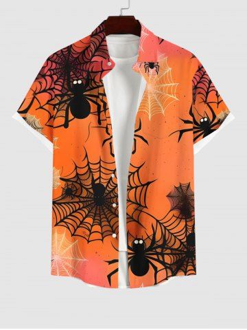 Plus Size Ombre Spider Web Print Halloween Button Pocket Shirt For Men - RED - M