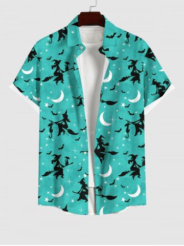 Plus Size Wizard Broom Bat Cat Moon Star Galaxy Print Halloween Button Shirt For Men - GREEN - M