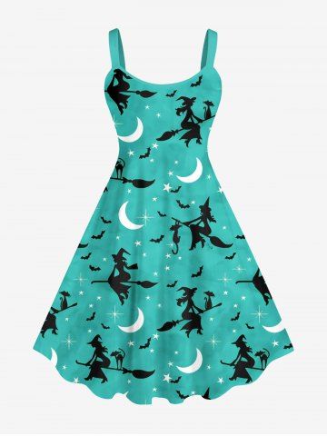 Plus Size Wizard Broom Bat Cat Moon Star Galaxy Print Halloween Costume A Line Tank Dress - LIGHT GREEN - 1X