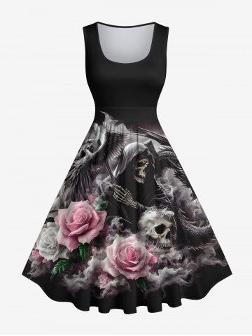 Plus Size Skull Wizard Dragon Phoenix Cloud Rose Flower Print Halloween Costume Vintage Swing A Line Dress - BLACK - L