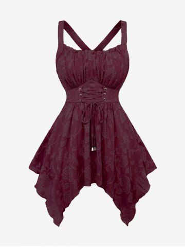 Plus Size Lace Up Grommets Ruffles Ruched Flowers Jacquard Crisscross Asymmetrical Tank Top - DEEP RED - 5X | US 30-32