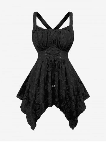 Plus Size Lace Up Grommets Ruffles Ruched Flowers Jacquard Crisscross Asymmetrical Tank Top - BLACK - M | US 10