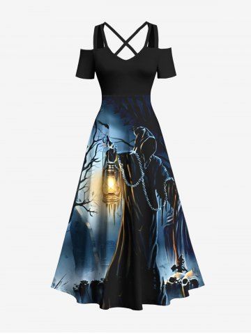 Plus Size Halloween Costume Tree Wizard Tomb Lantern Print Cold Shoulder Crisscross Maxi Dress - BLACK - 6X