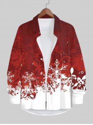 Chemise de Noël Boutonnée Contrastée Flocon de Neige et Bulle Imprimés à Manches Longues de Grande Taille - Rouge XL