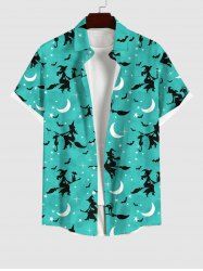 Chemise D'Halloween Chat Lune et Galaxie Imprimés Grande Taille avec Bouton - Vert XL