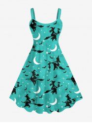 Robe D'Halloween Ligne A Chat Lune et Galaxie Imprimés de Grande Taille - Vert clair 1X
