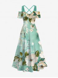 Plus Size Floral Leaf Sea Print Hawaii Crisscross A Line Maxi Dress -  