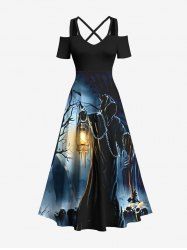 Plus Size Halloween Costume Tree Wizard Tomb Lantern Print Cold Shoulder Crisscross Maxi Dress -  