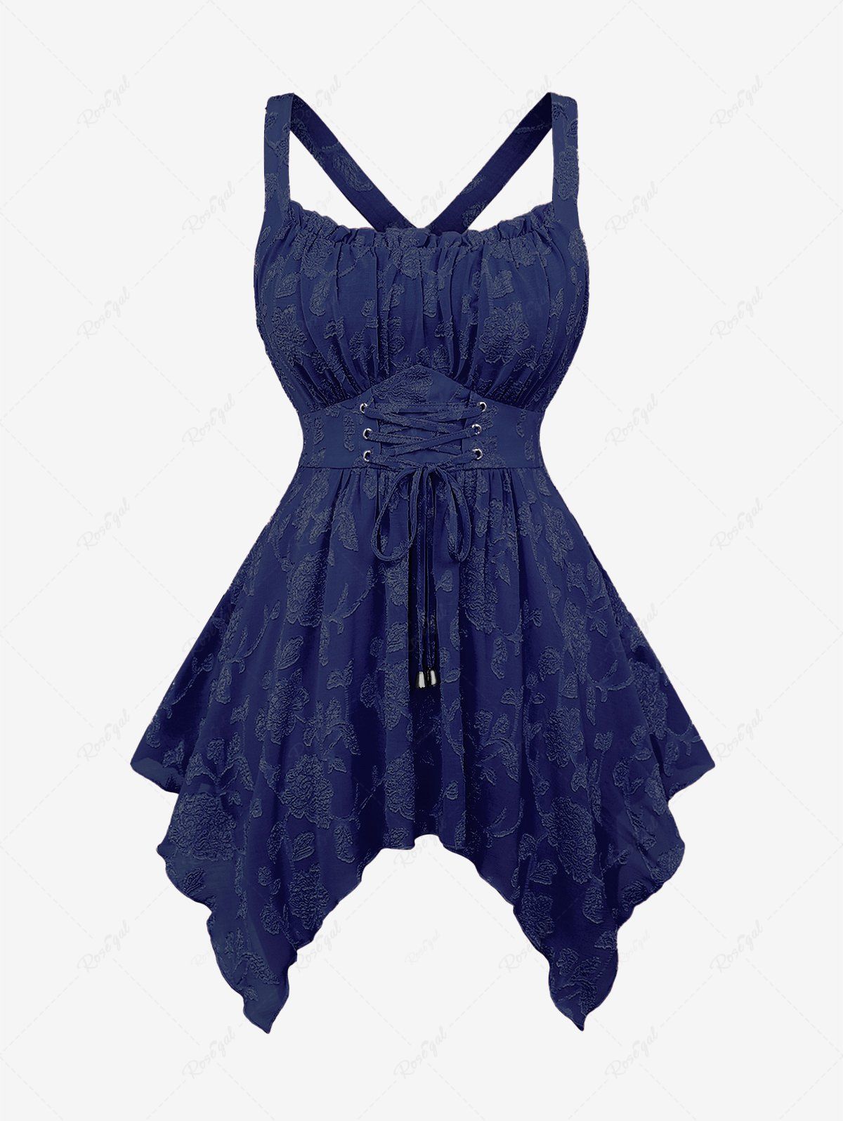 Débardeur Asymétrique Croisé Fleur en Jacquard Grande Taille à Lacets à Volants Bleu profond 5x | US 30-32
