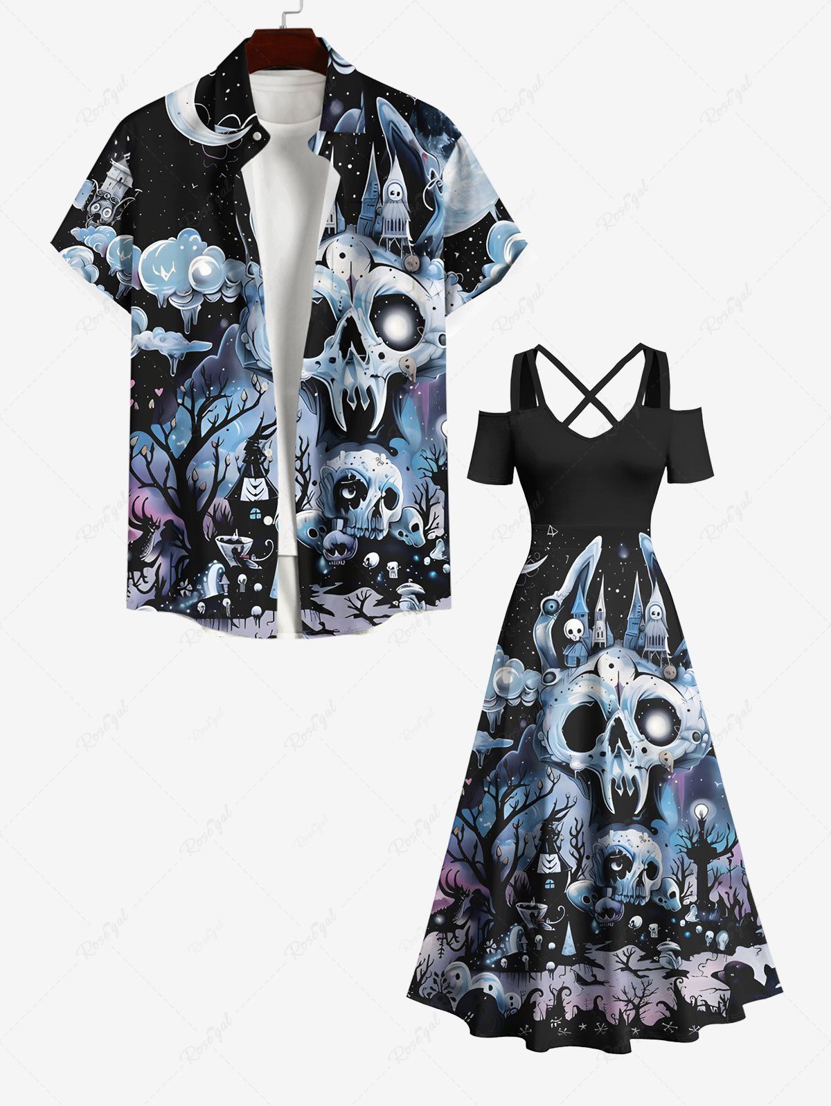 Latest Halloween Costume Skull Tree Castle Moon Cloud Galaxy Print Plus Size Matching Set For Couples  