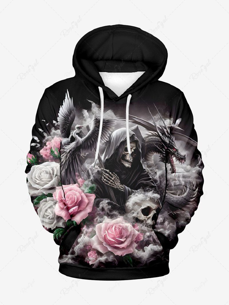 Fancy Plus Size Skull Wizard Dragon Phoenix Cloud Rose Flower Print Halloween Pocket Drawstring Pullover Hoodie For Men  