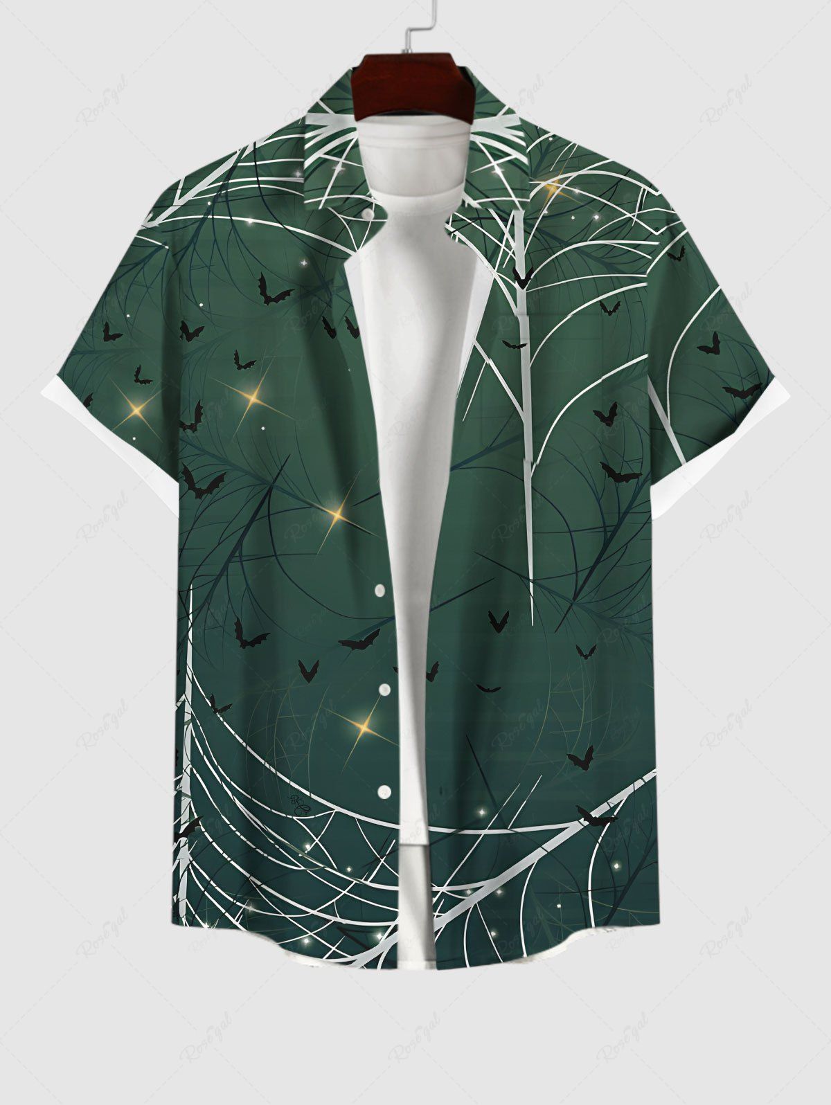 Sale Plus Size Halloween Costume Spider Web Star Bat Print Buttons Pocket Shirt For Men  