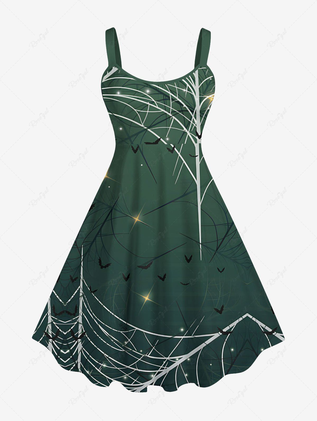 Robe D'Halloween Toile D'Araignée Chauve-souris et Etoile Imprimés de Grande Taille Vert 5X