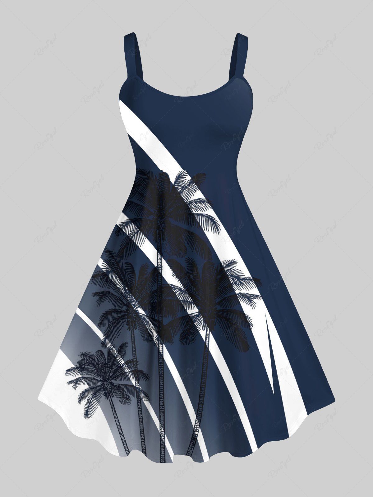 Online Plus Size Coconut Tree Ombre Colorblock Stripes Print Hawaii Tank Dress  