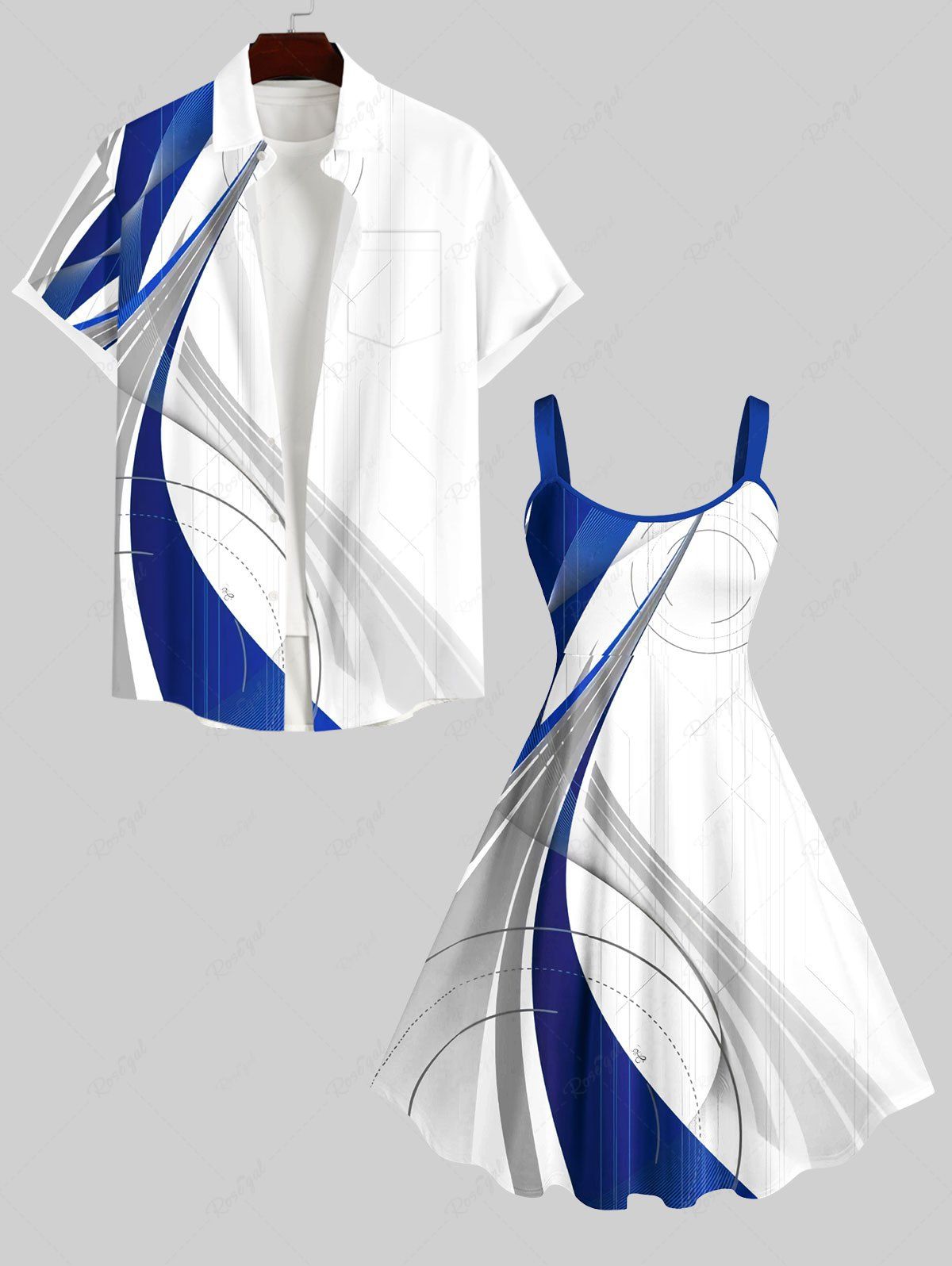 Unique Curve Geometric Patterns Print Plus Size Matching Hawaii Beach Outfit For Couples  