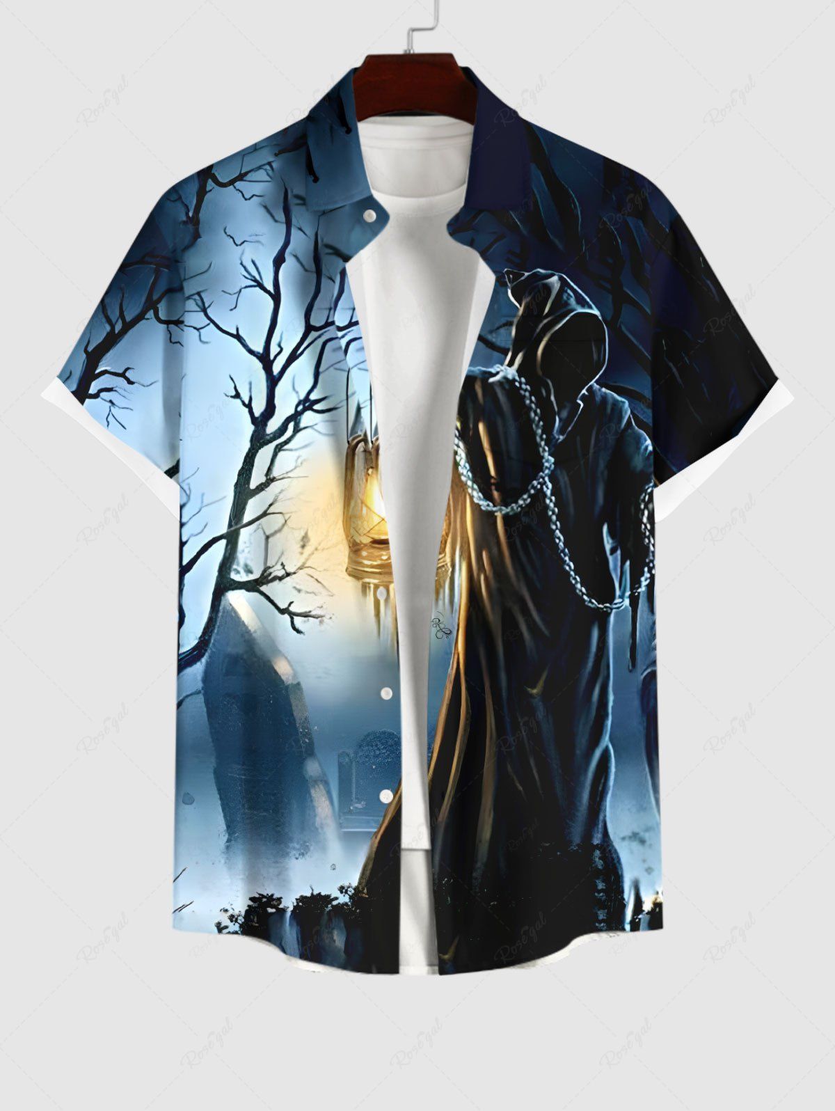Chic Plus Size Halloween Costume Tree Wizard Tomb Lantern Print Buttons Pocket Shirt For Men  