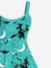 Robe D'Halloween Ligne A Chat Lune et Galaxie Imprimés de Grande Taille - Vert clair L