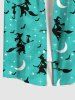 Plus Size Wizard Broom Bat Cat Moon Star Galaxy Print Halloween Button Shirt For Men -  
