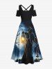 Plus Size Halloween Costume Tree Wizard Tomb Lantern Print Cold Shoulder Crisscross Maxi Dress -  