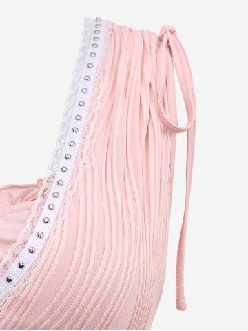 Cinched Shoulder Ruffles Rivet Lace Trim Textured Tank Top and Appliques Leggings Plus Size Outfit