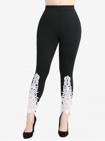 Cinched Shoulder Ruffles Rivet Lace Trim Textured Tank Top and Appliques Leggings Plus Size Outfit