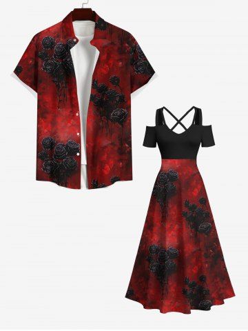 Halloween Costume Tie Dye Ombre Rose Flower Print Plus Size Matching Set For Couples - RED