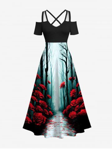 Plus Size Tree Forest Rose Flower Road Print Halloween Costume Ombre Crisscross A Line Maxi Dress